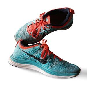 Nike Flyknit Lunar One Sz 7.5 Athletic Sneaker Teal Turquoise Orange Laces, EUC